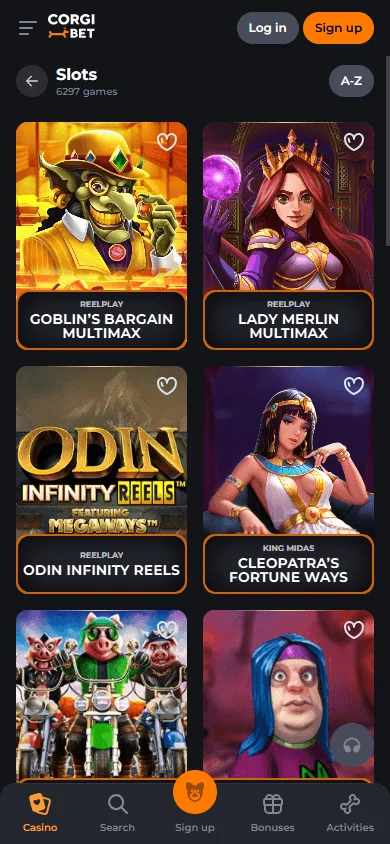 Corgibet Casino mobile games area with casino and live titles