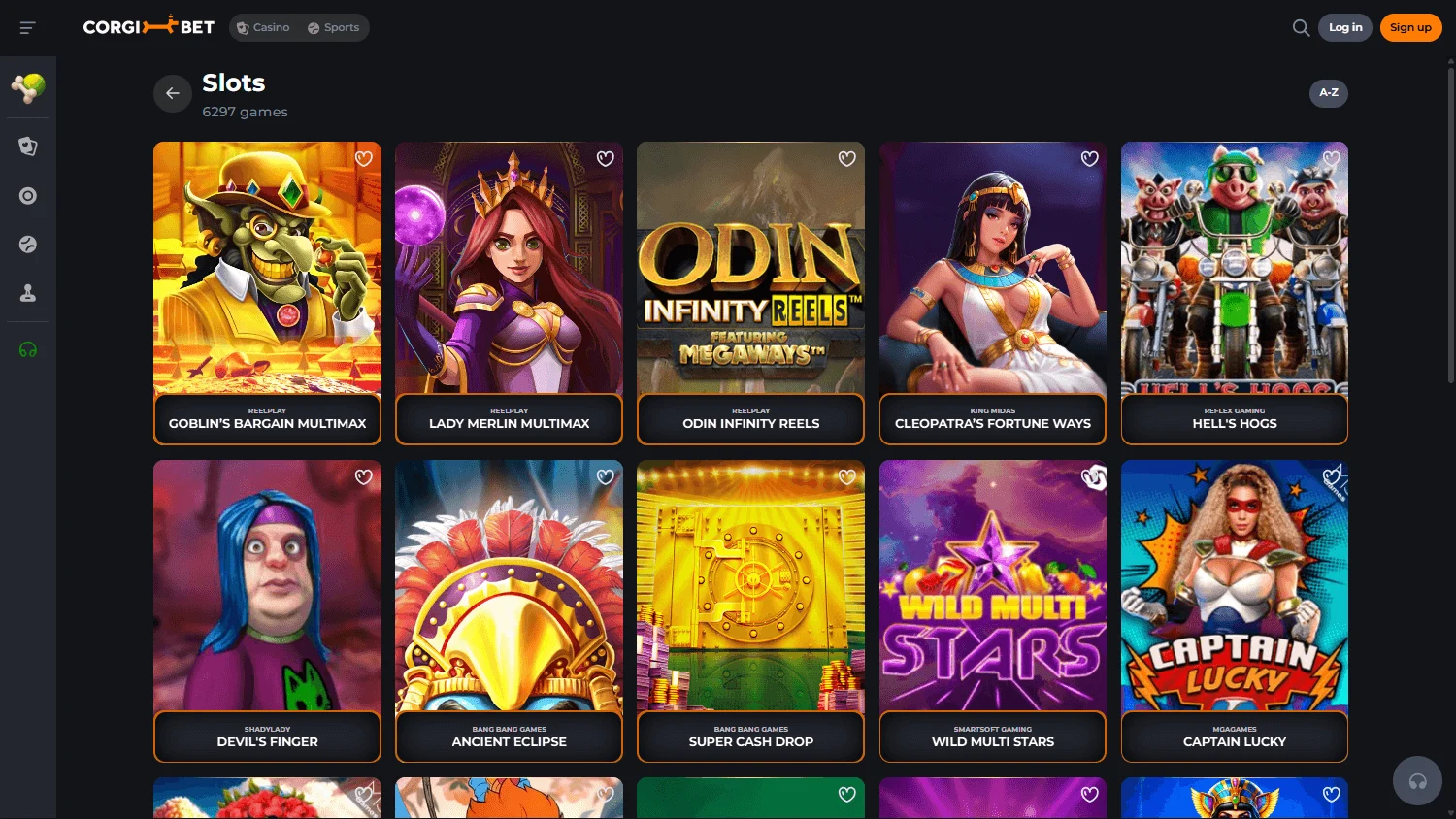 Corgibet Casino desktop games area with casino and live game choices