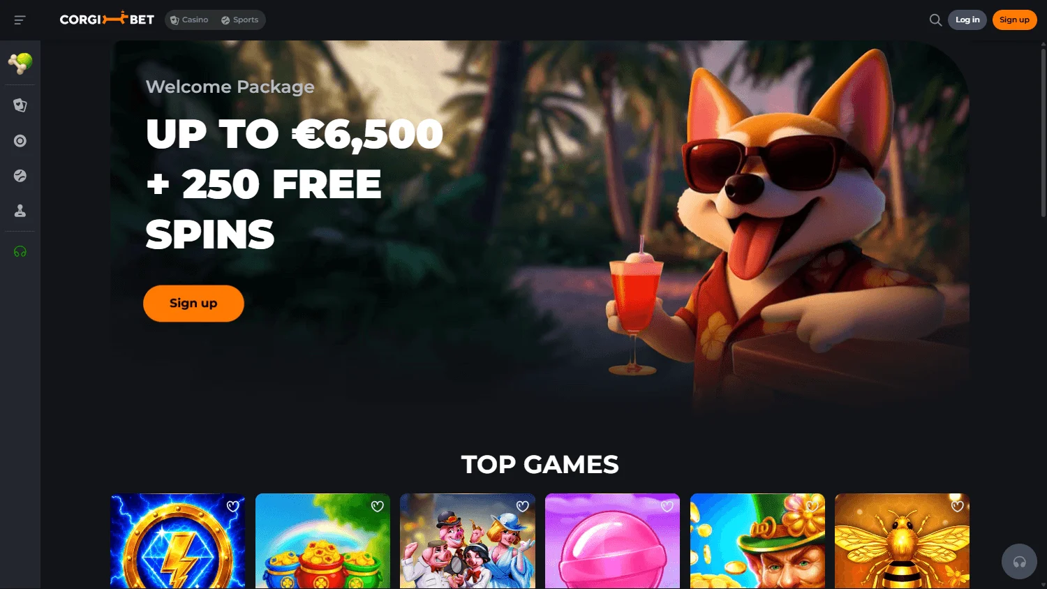 Corgibet Casino desktop home with casino, live and betting access