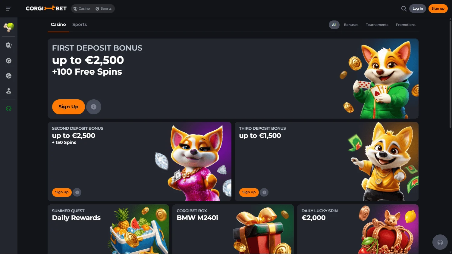 Corgibet Casino desktop promotions area with welcome and sports offers