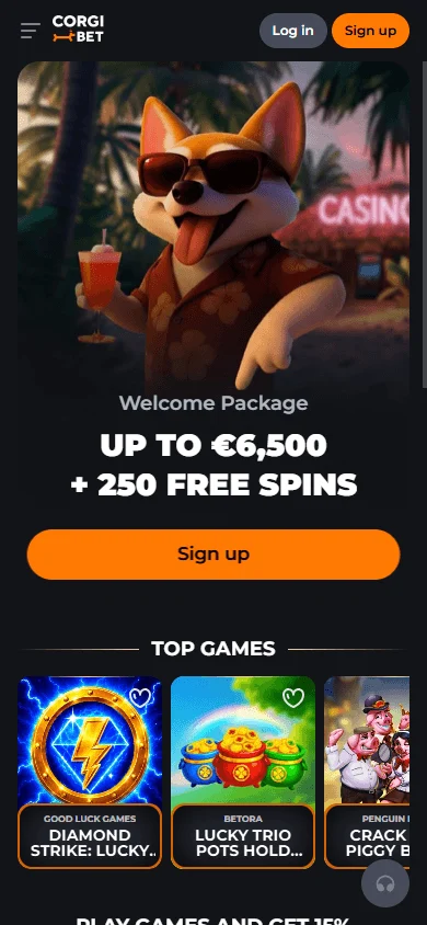Corgibet Casino mobile home with account and gaming access